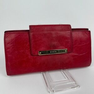 BOSCA Red Leather Bi Fold Clutch Wallet Organizer Coin Pocket Women's